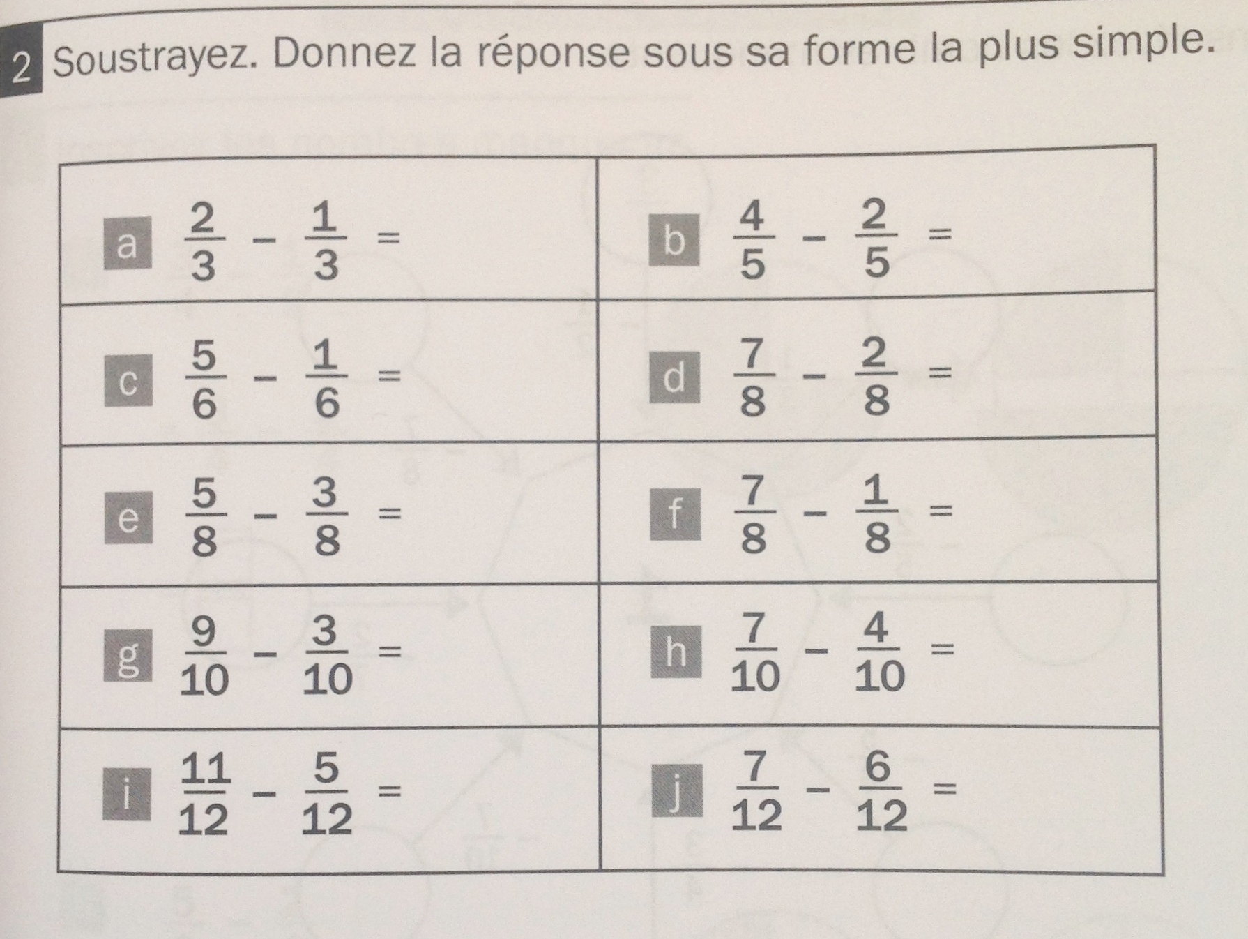 soustractions de fractions exercices