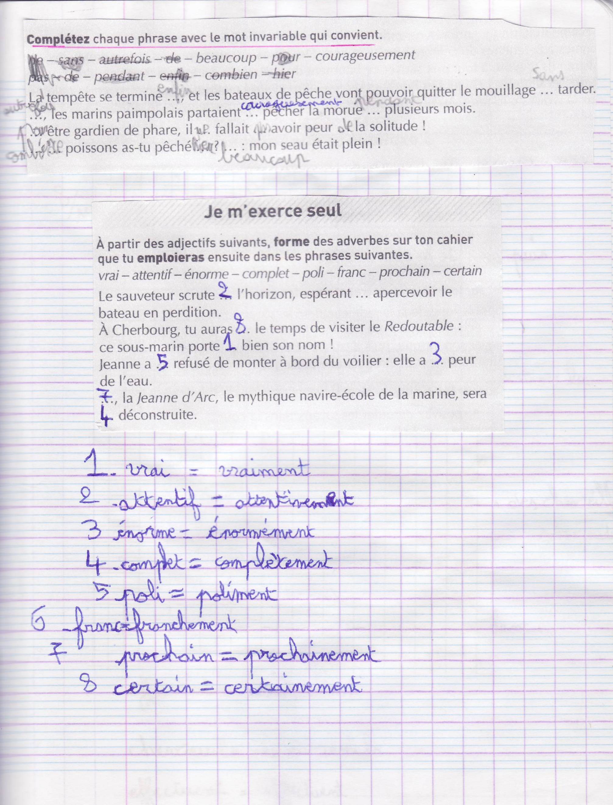 cahier français mots invariables 1